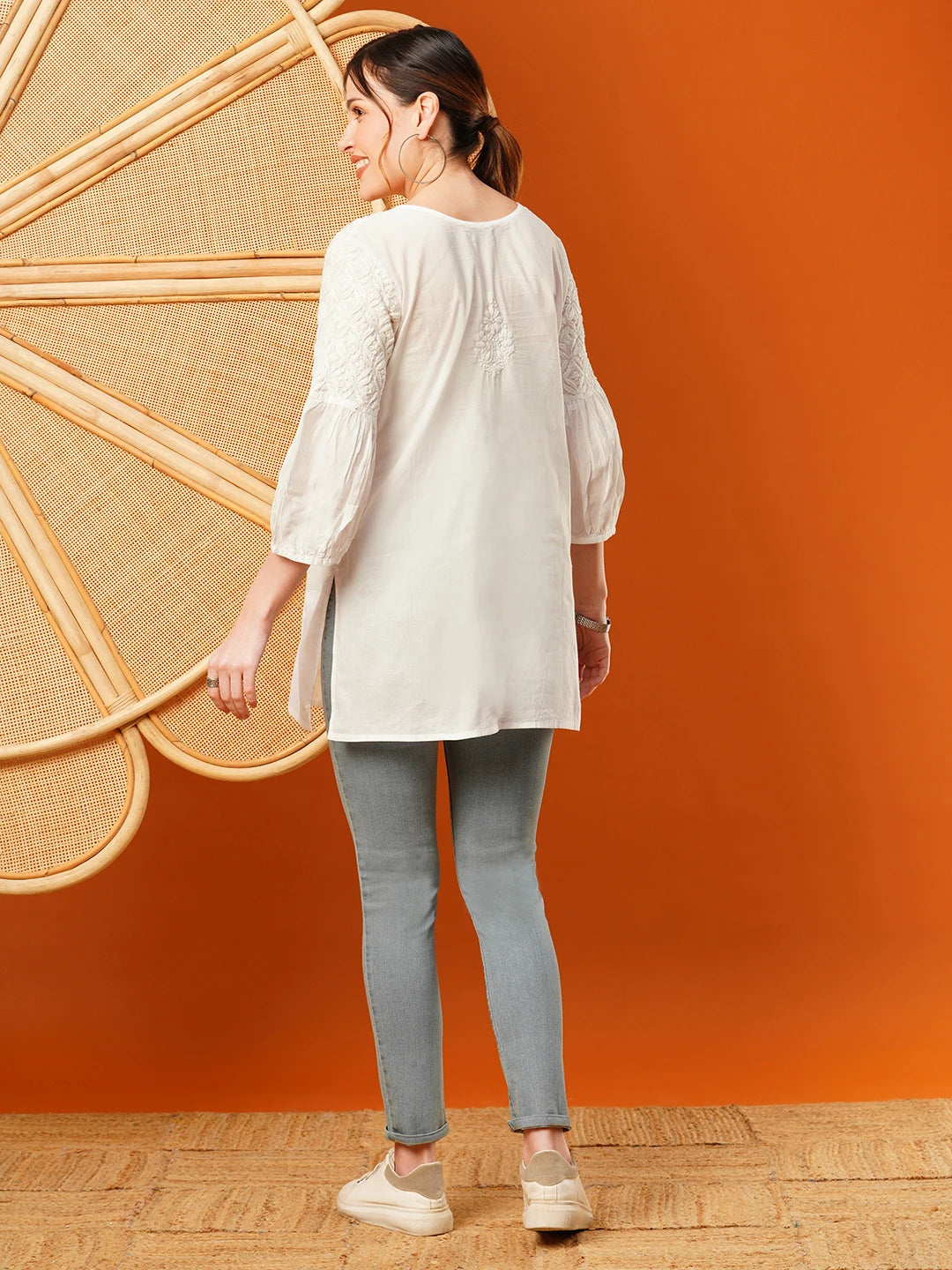 Ada Hand Embroidered White Cotton Lucknowi Chikankari Short Kurti A911201