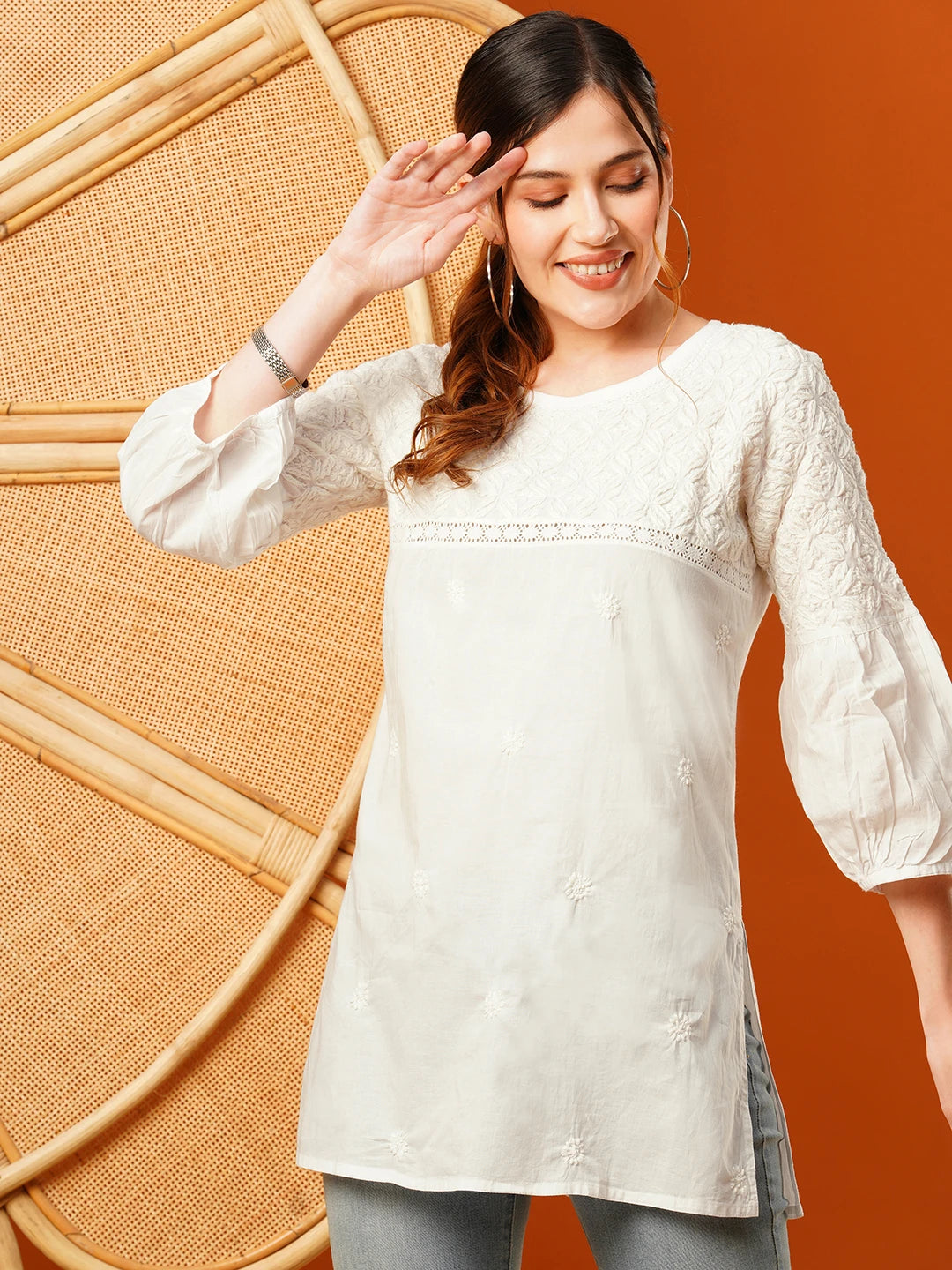 Ada Hand Embroidered White Cotton Lucknowi Chikankari Short Kurti A911201