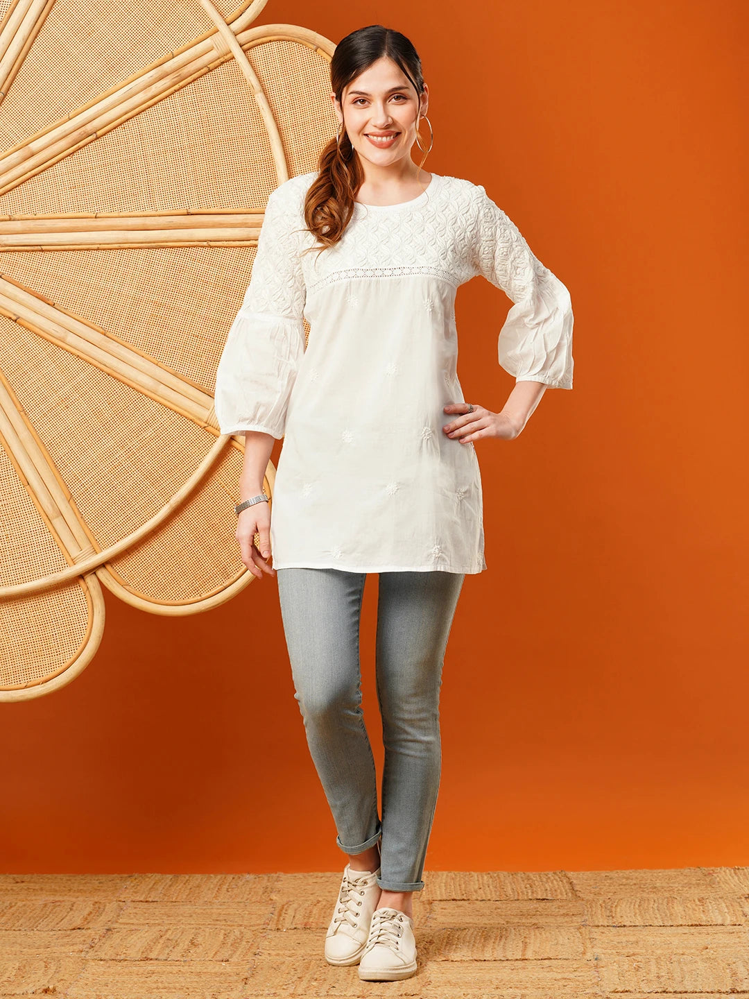 Ada Hand Embroidered White Cotton Lucknowi Chikankari Short Kurti A911201