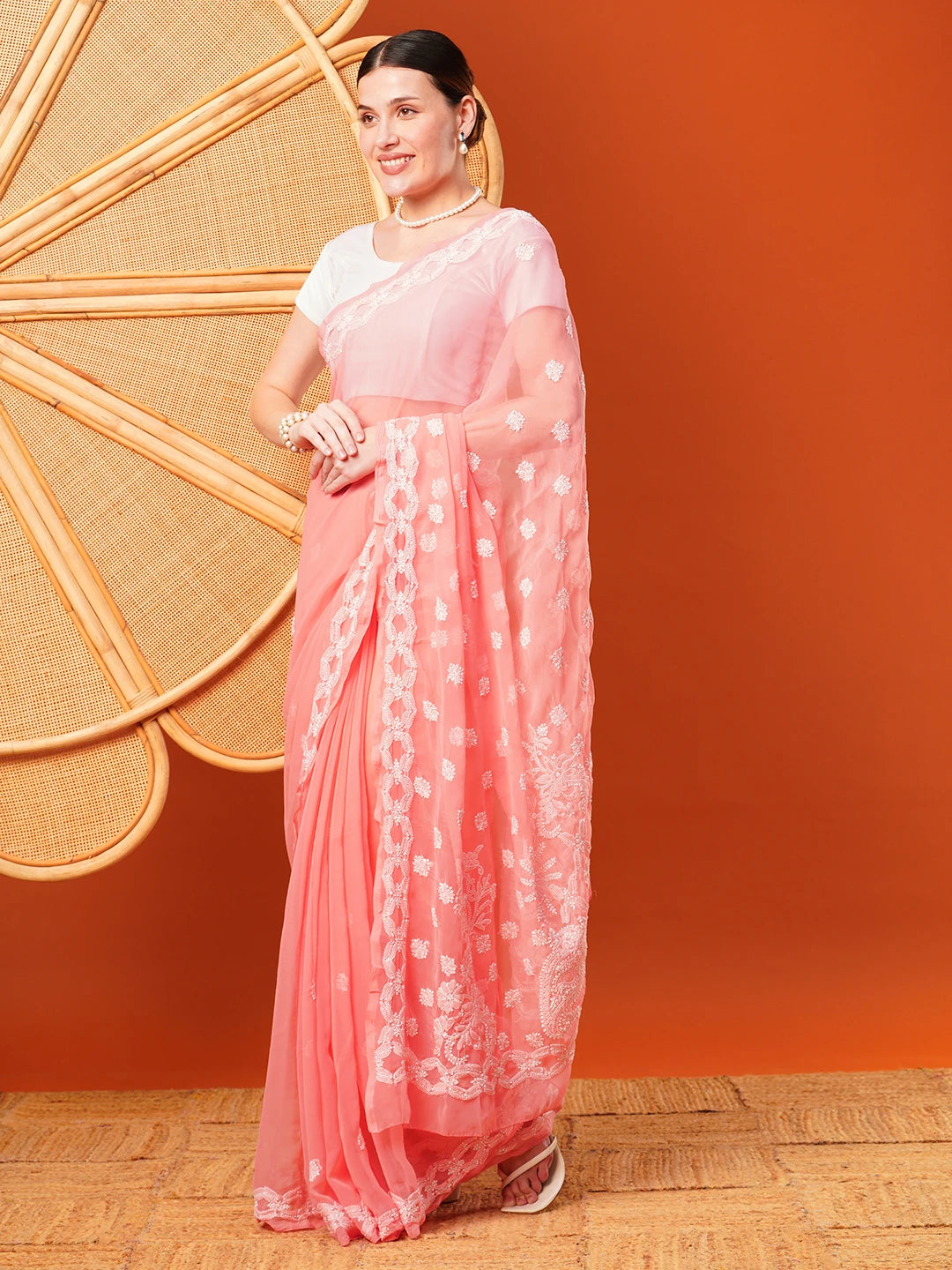 Ada Hand Embroidered  Peach Georgette Lucknowi Chikankari Saree With Blouse A191488