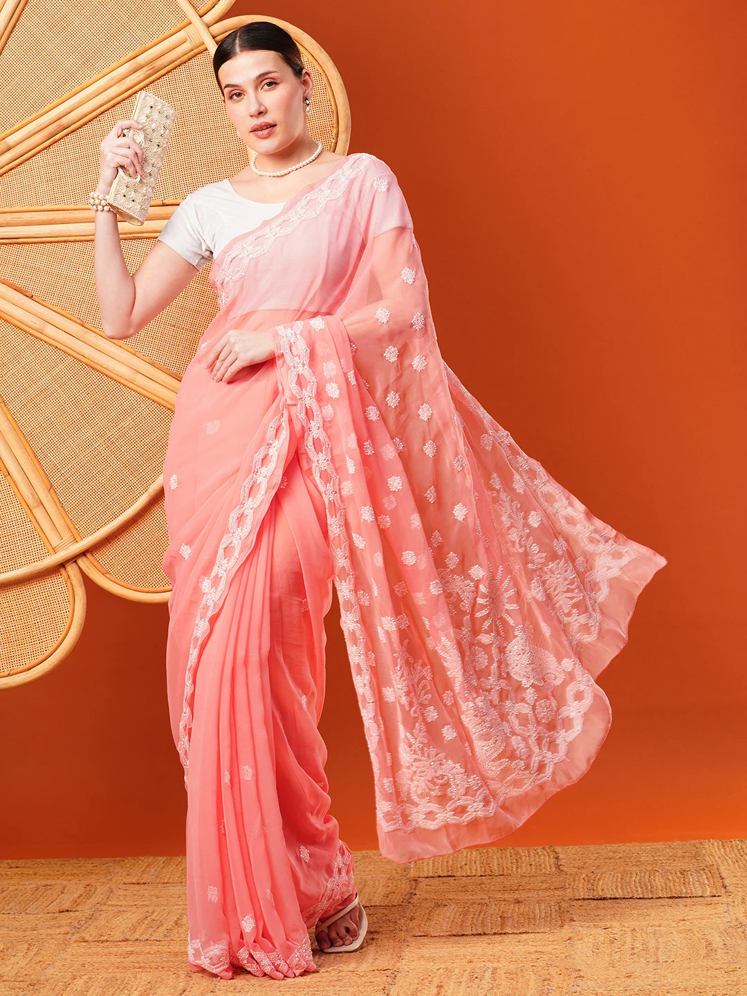 Ada Hand Embroidered  Peach Georgette Lucknowi Chikankari Saree With Blouse A191488