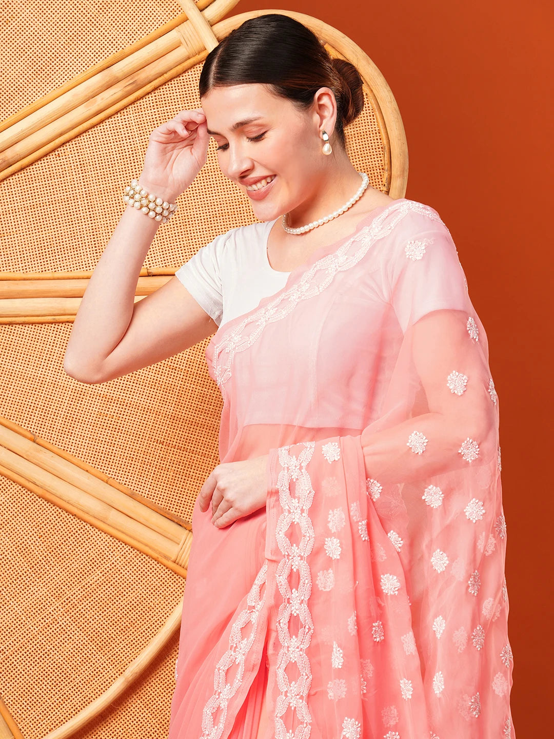 Ada Hand Embroidered  Peach Georgette Lucknowi Chikankari Saree With Blouse A191488