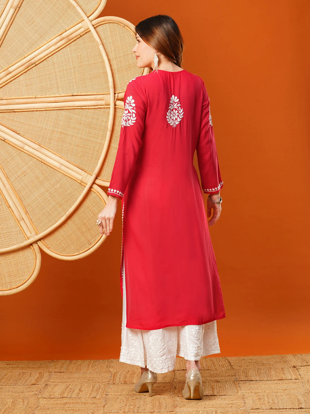 Ada Hand Embroidered Red Modal Lucknowi Chikankari Straight Kurta A411583