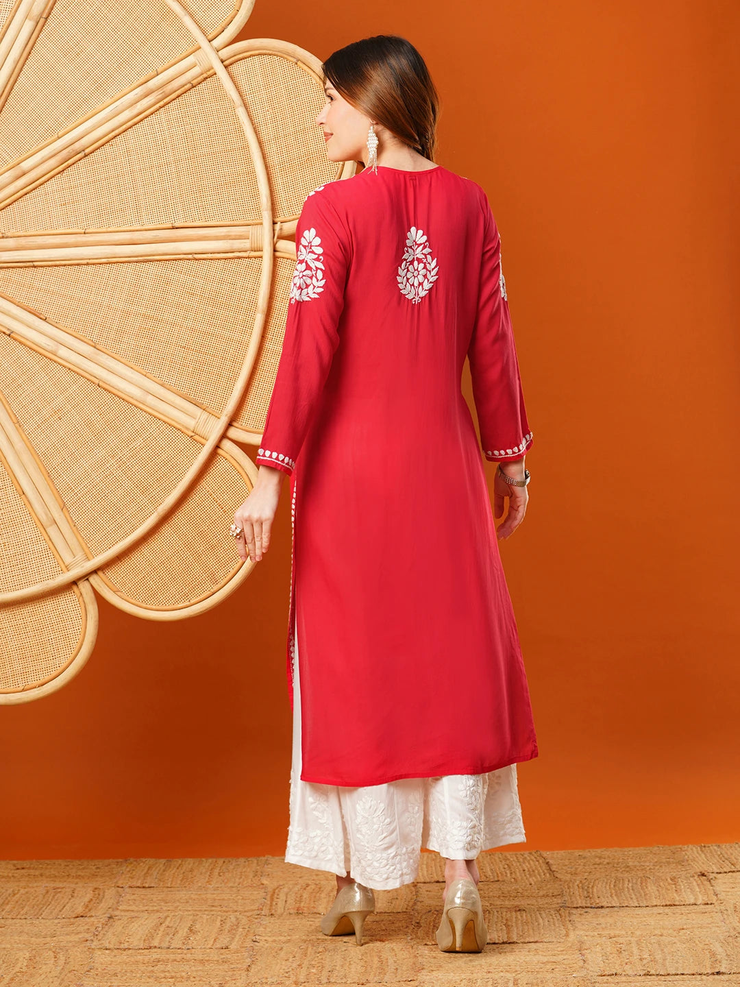 Ada Hand Embroidered Red Modal Lucknowi Chikankari Straight Kurta A411583
