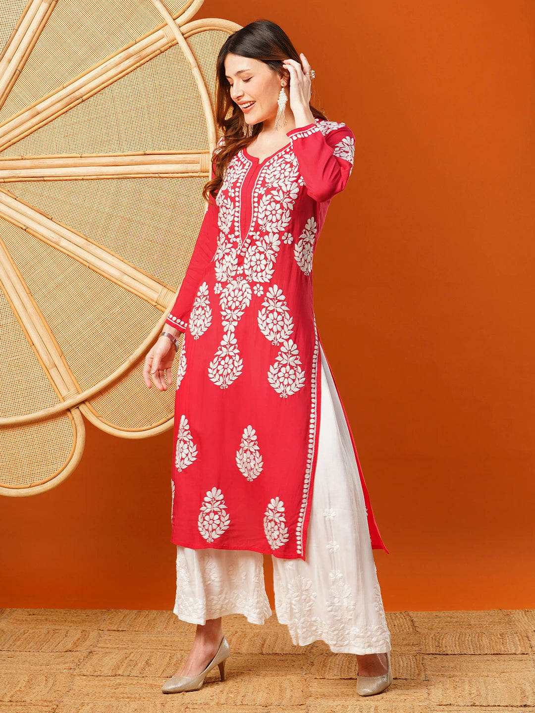 Ada Hand Embroidered Red Modal Lucknowi Chikankari Straight Kurta A411583