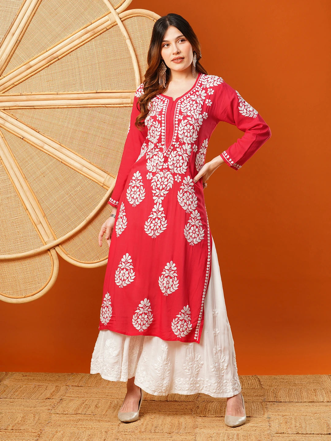 Ada Hand Embroidered Red Modal Lucknowi Chikankari Straight Kurta A411583