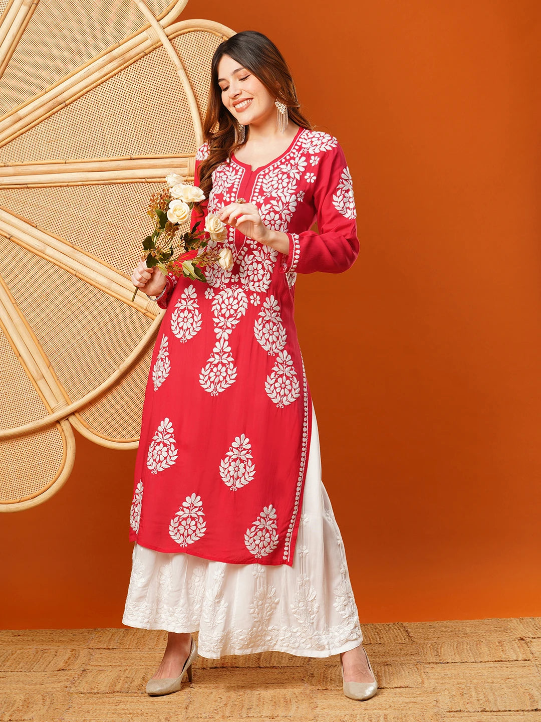 Ada Hand Embroidered Red Modal Lucknowi Chikankari Straight Kurta A411583