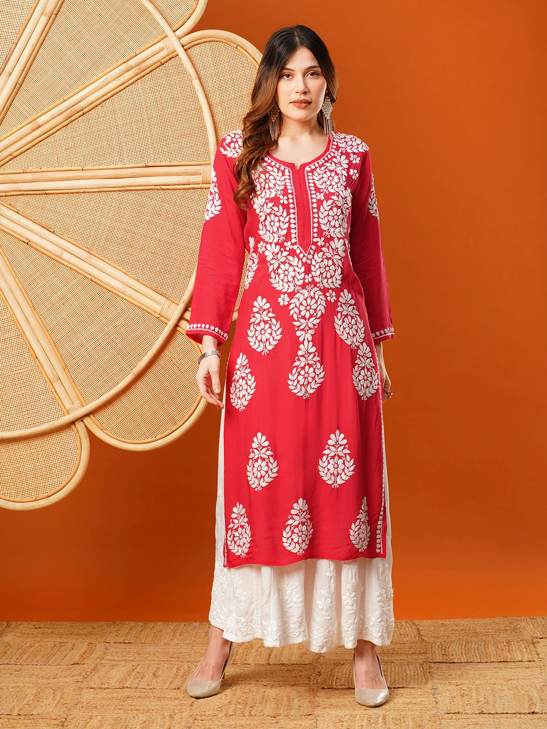 Ada Hand Embroidered Red Modal Lucknowi Chikankari Straight Kurta A411583
