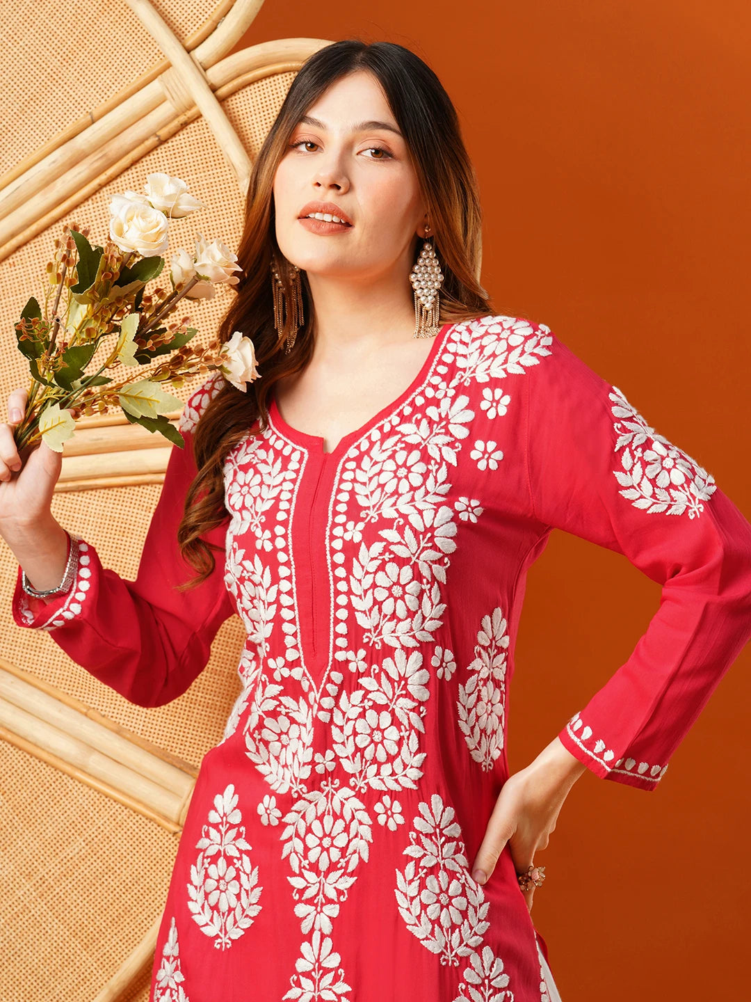 Ada Hand Embroidered Red Modal Lucknowi Chikankari Straight Kurta A411583