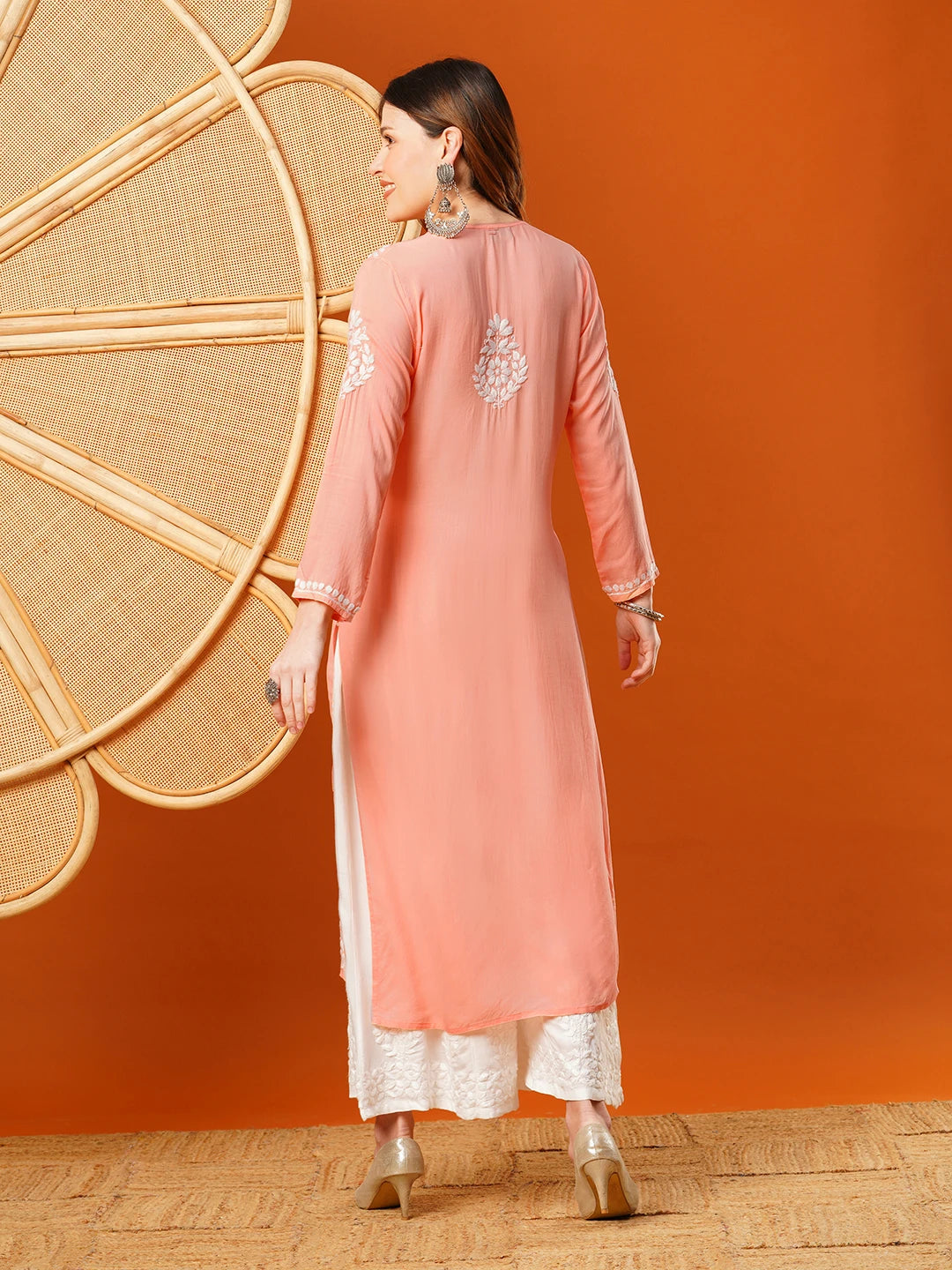 Ada Hand Embroidered Pear Peach Modal Lucknowi Chikankari Straight Kurta A411587