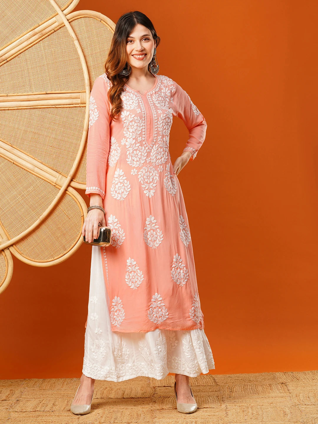 Ada Hand Embroidered Pear Peach Modal Lucknowi Chikankari Straight Kurta A411587