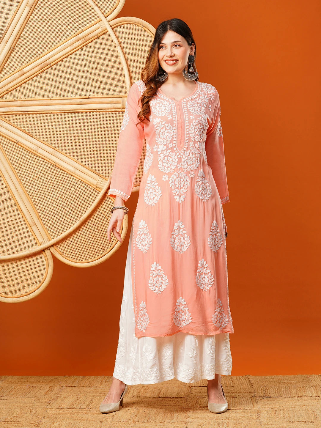 Ada Hand Embroidered Pear Peach Modal Lucknowi Chikankari Straight Kurta A411587
