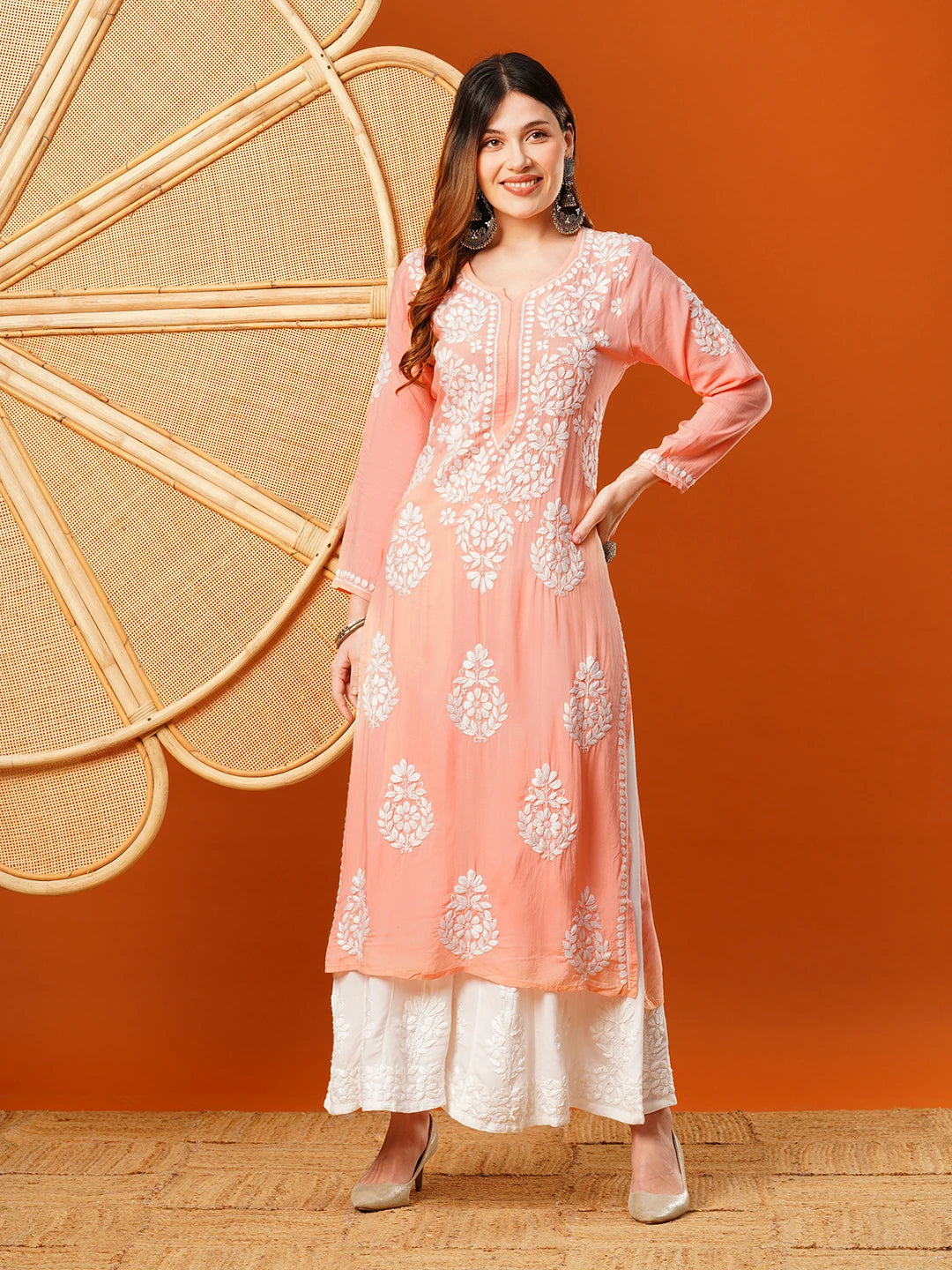 Ada Hand Embroidered Pear Peach Modal Lucknowi Chikankari Straight Kurta A411587