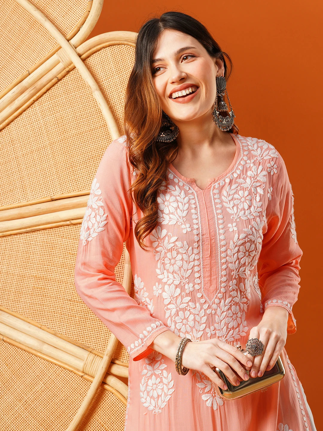 Ada Hand Embroidered Pear Peach Modal Lucknowi Chikankari Straight Kurta A411587