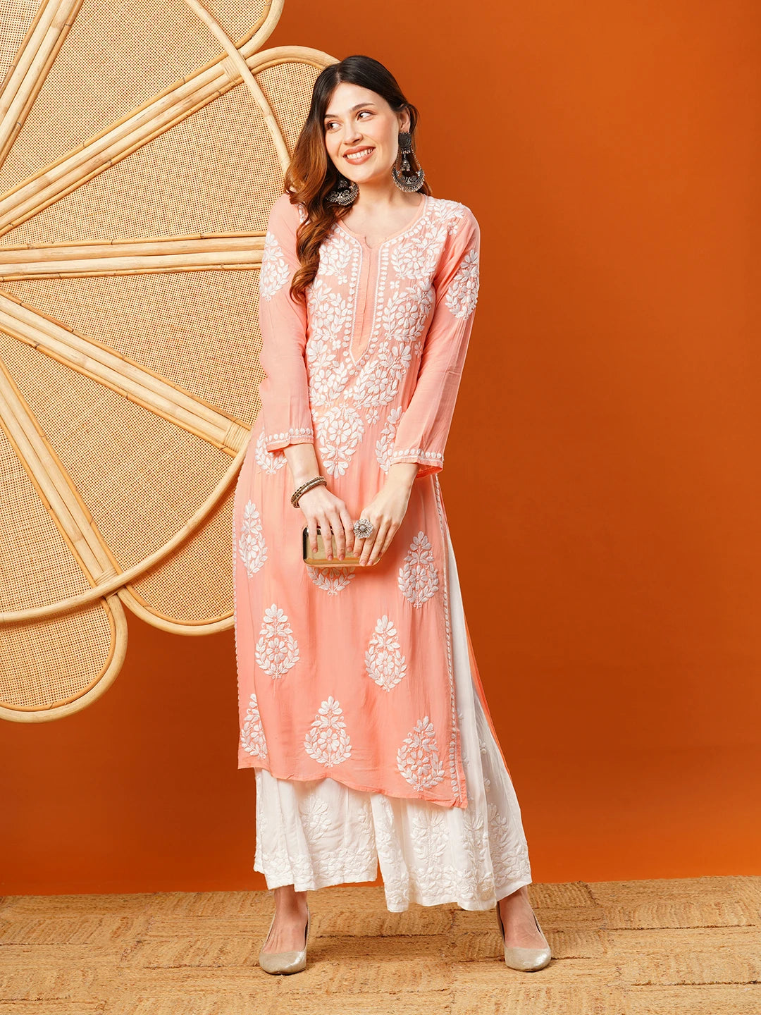 Ada Hand Embroidered Pear Peach Modal Lucknowi Chikankari Straight Kurta A411587
