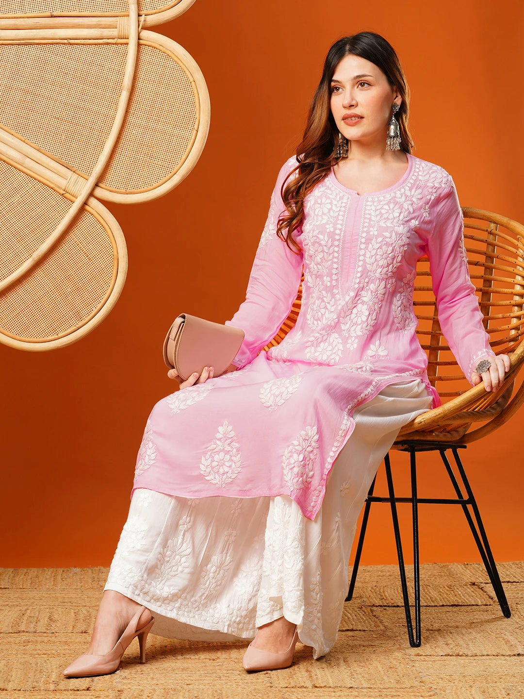 Ada Hand Embroidered Pink Modal Lucknowi Chikankari Straight Kurta A411589