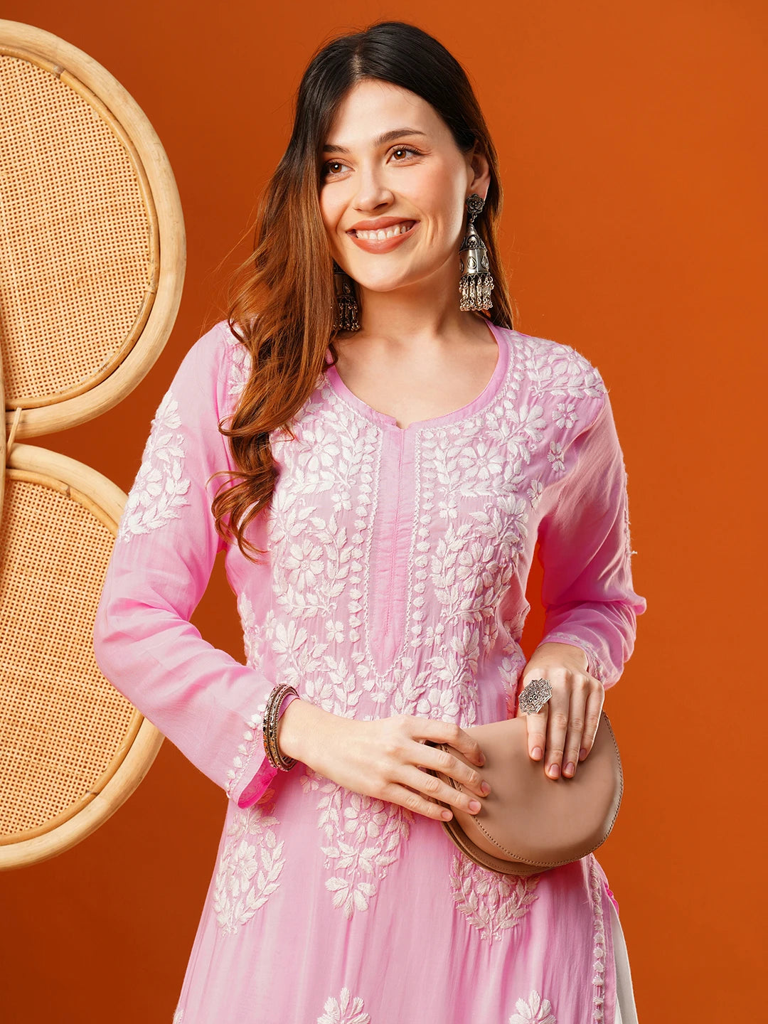 Ada Hand Embroidered Pink Modal Lucknowi Chikankari Straight Kurta A411589