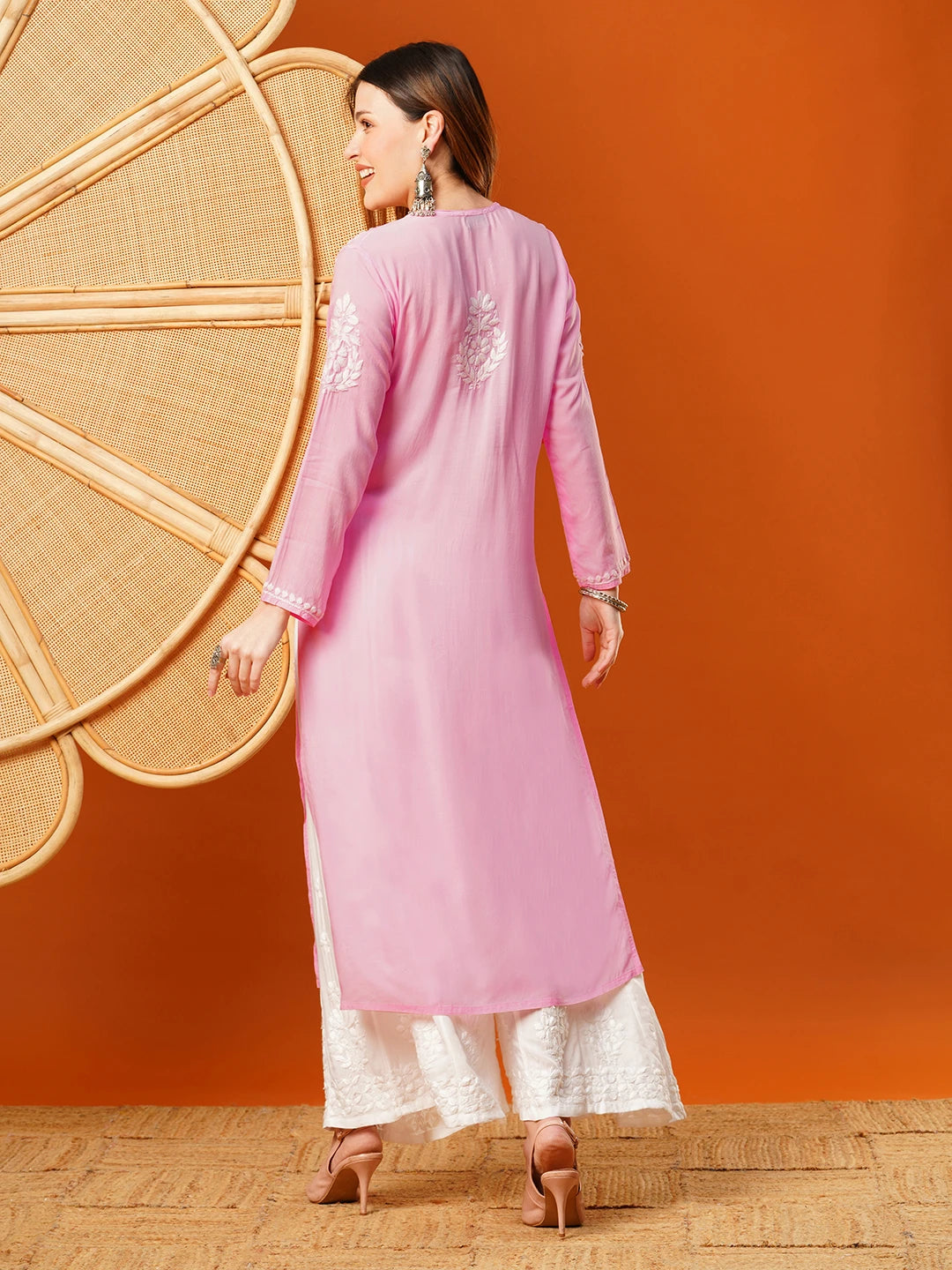 Ada Hand Embroidered Pink Modal Lucknowi Chikankari Straight Kurta A411589
