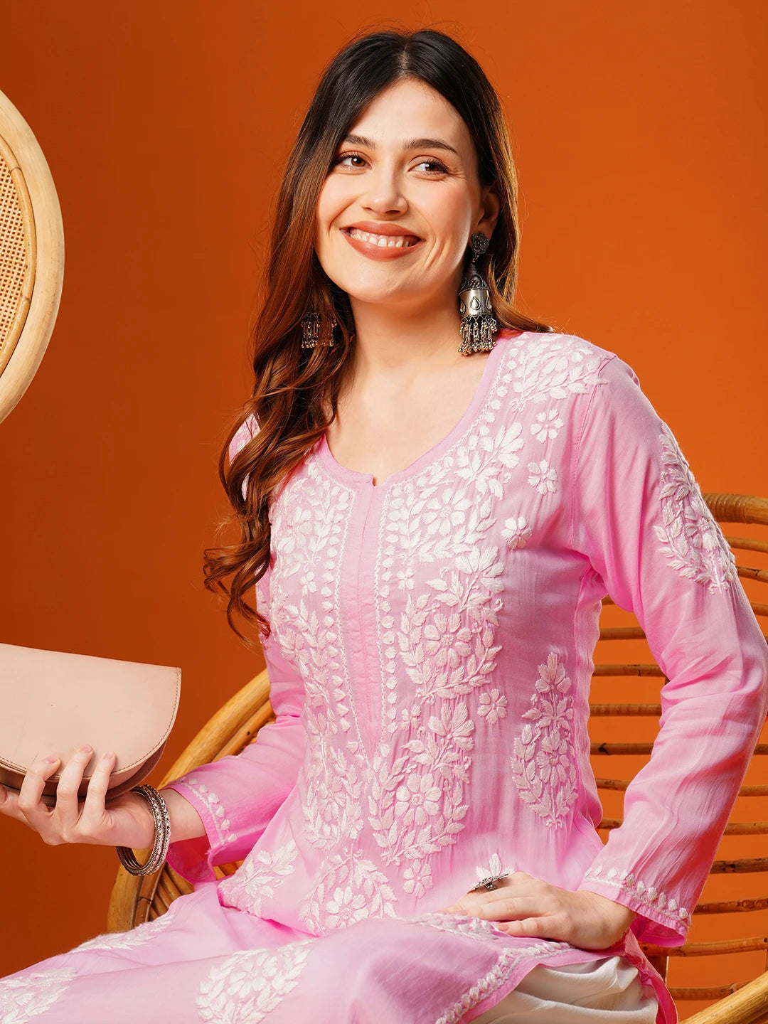 Ada Hand Embroidered Pink Modal Lucknowi Chikankari Straight Kurta A411589