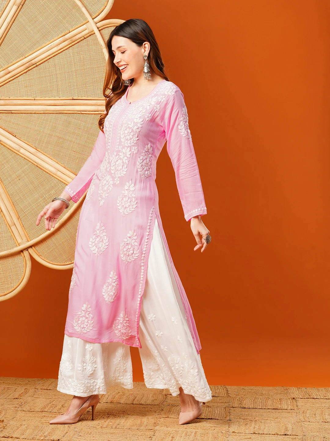Ada Hand Embroidered Pink Modal Lucknowi Chikankari Straight Kurta A411589