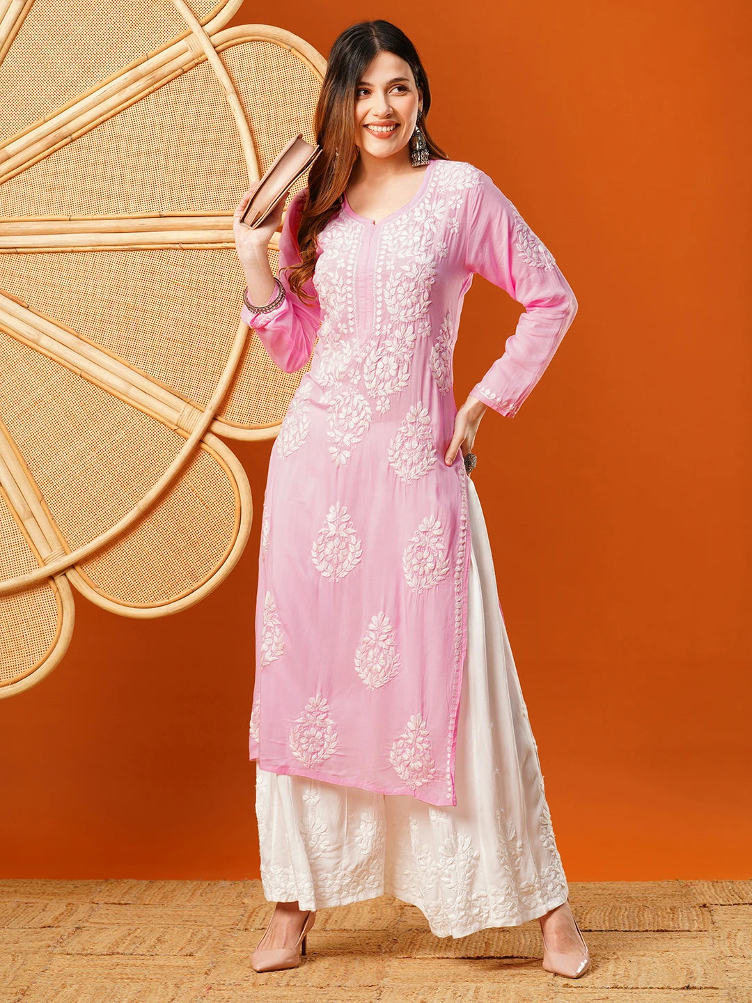 Ada Hand Embroidered Pink Modal Lucknowi Chikankari Straight Kurta A411589