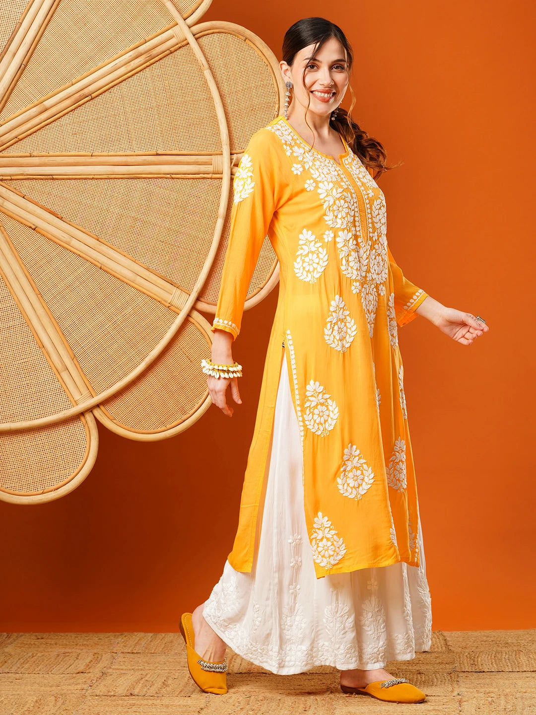 Ada Hand Embroidered Yellow Modal Lucknowi Chikankari Straight Kurta A411584