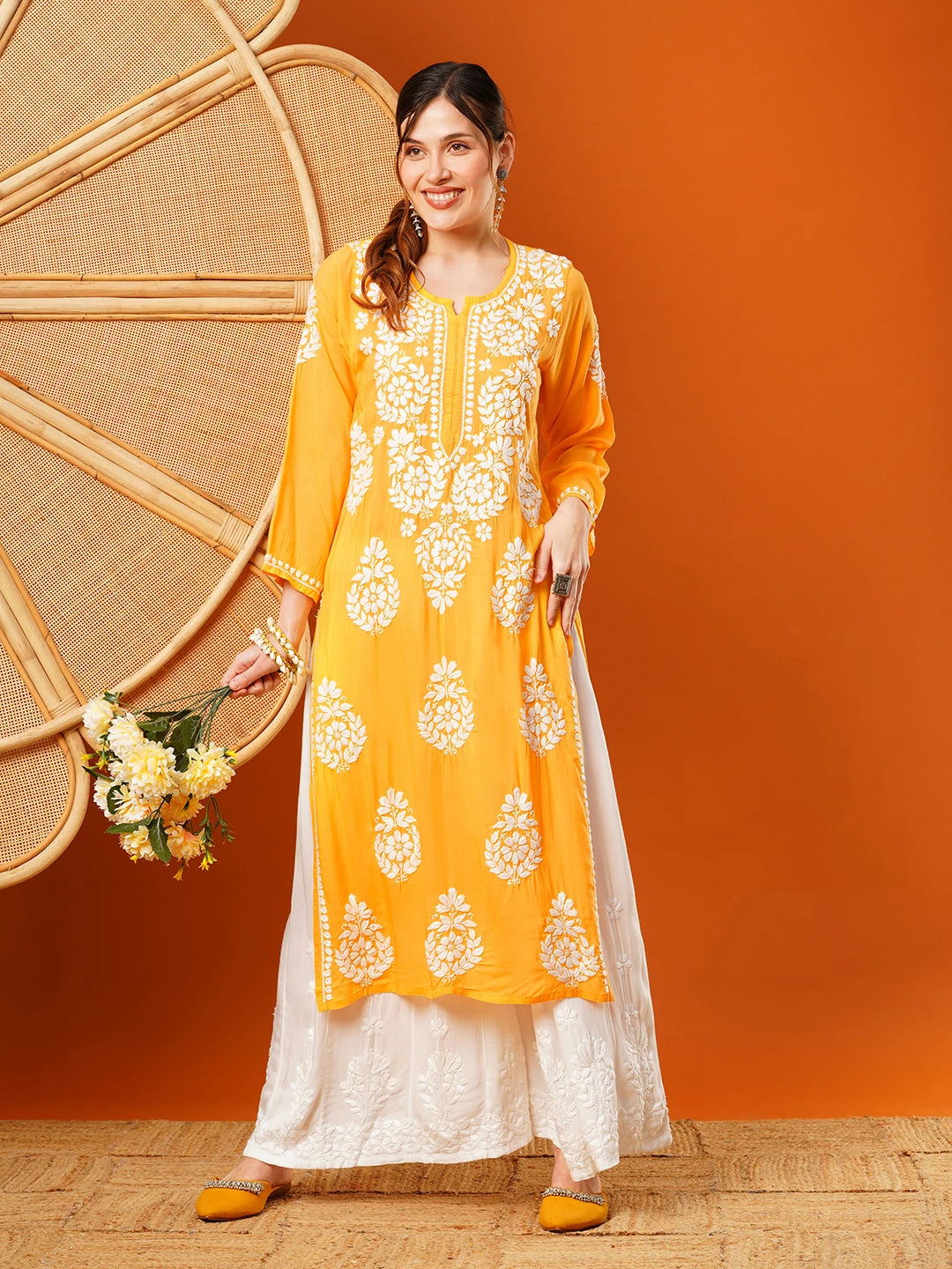 Ada Hand Embroidered Yellow Modal Lucknowi Chikankari Straight Kurta A411584
