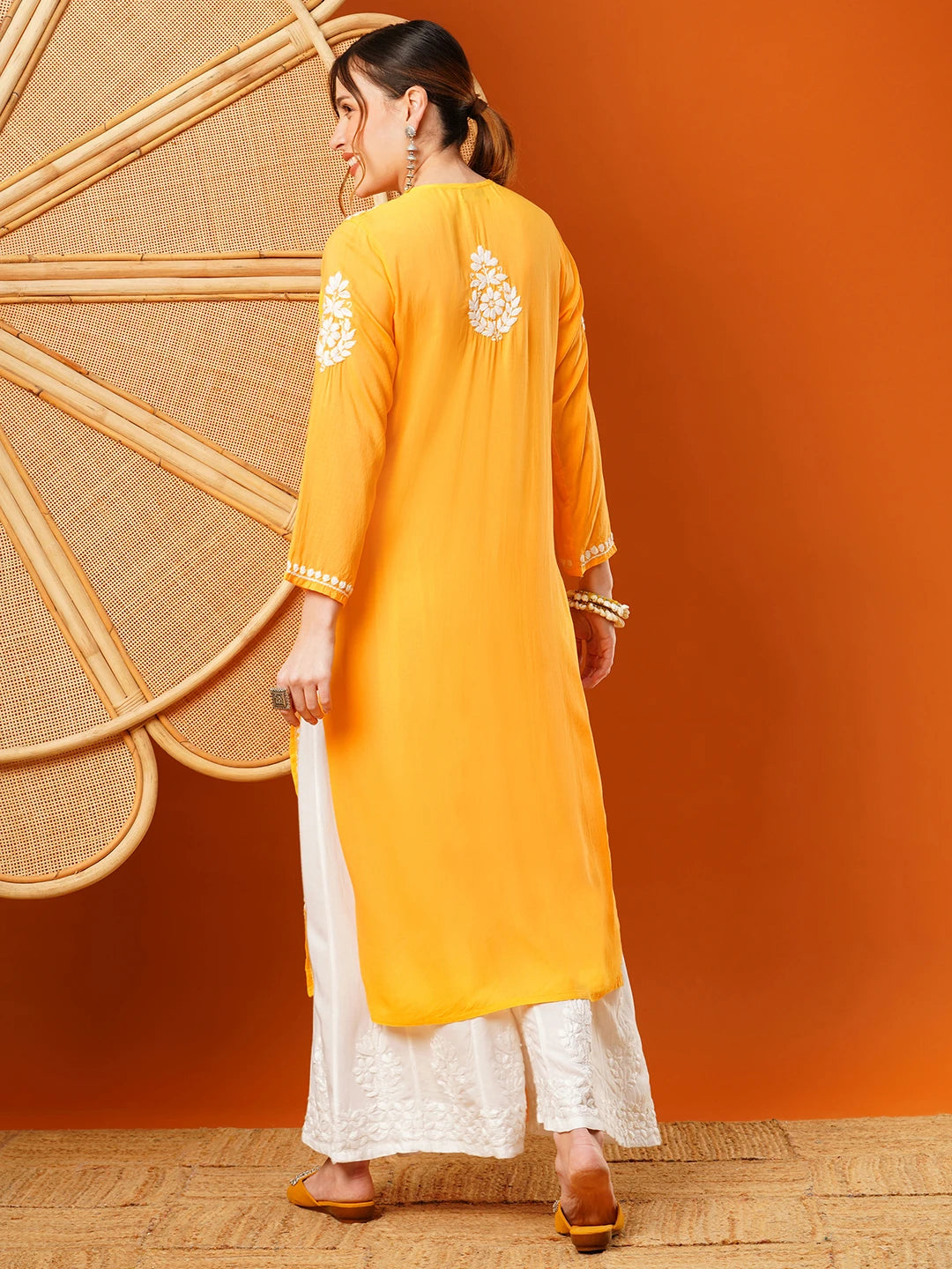 Ada Hand Embroidered Yellow Modal Lucknowi Chikankari Straight Kurta A411584