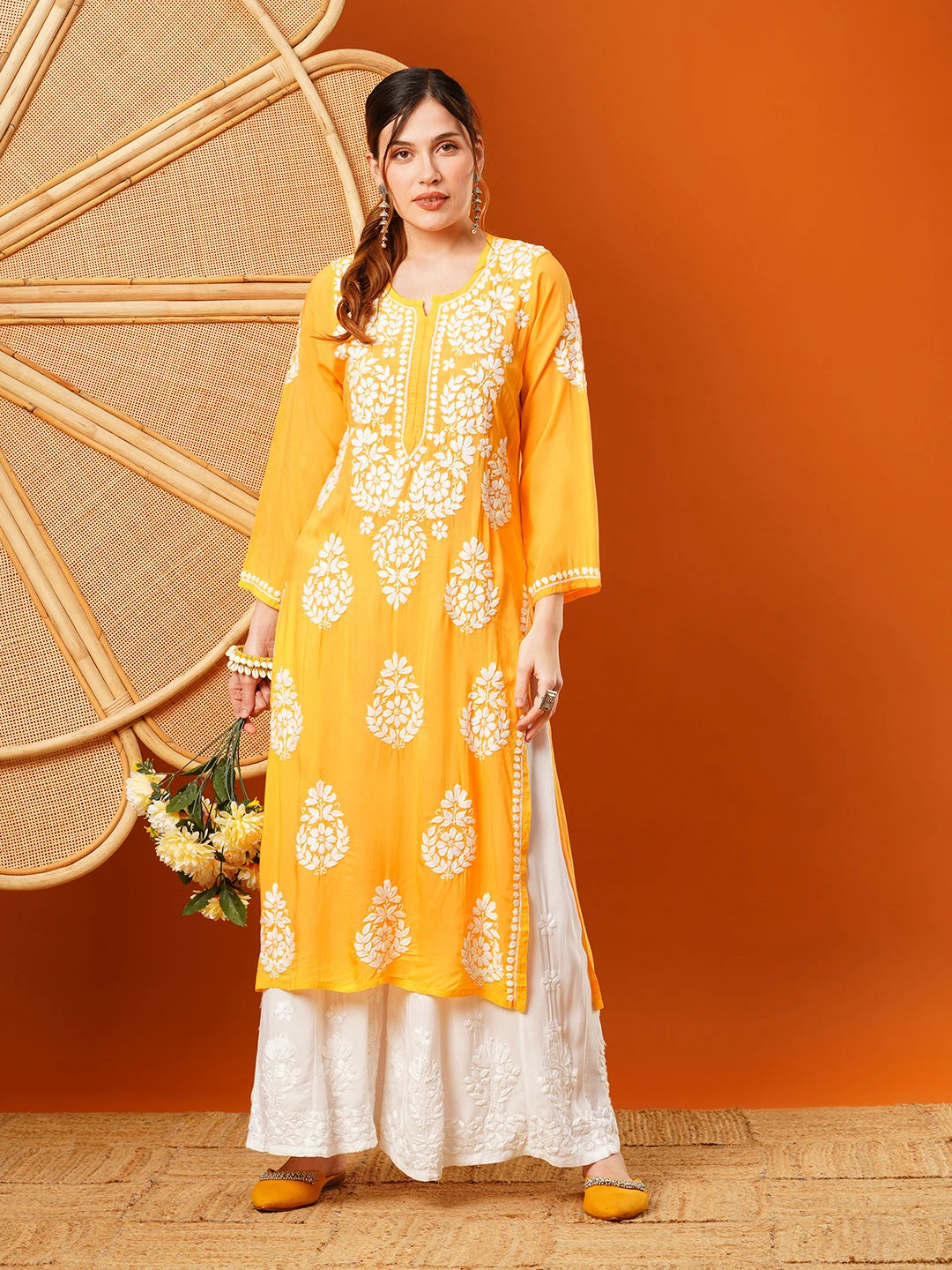 Ada Hand Embroidered Yellow Modal Lucknowi Chikankari Straight Kurta A411584