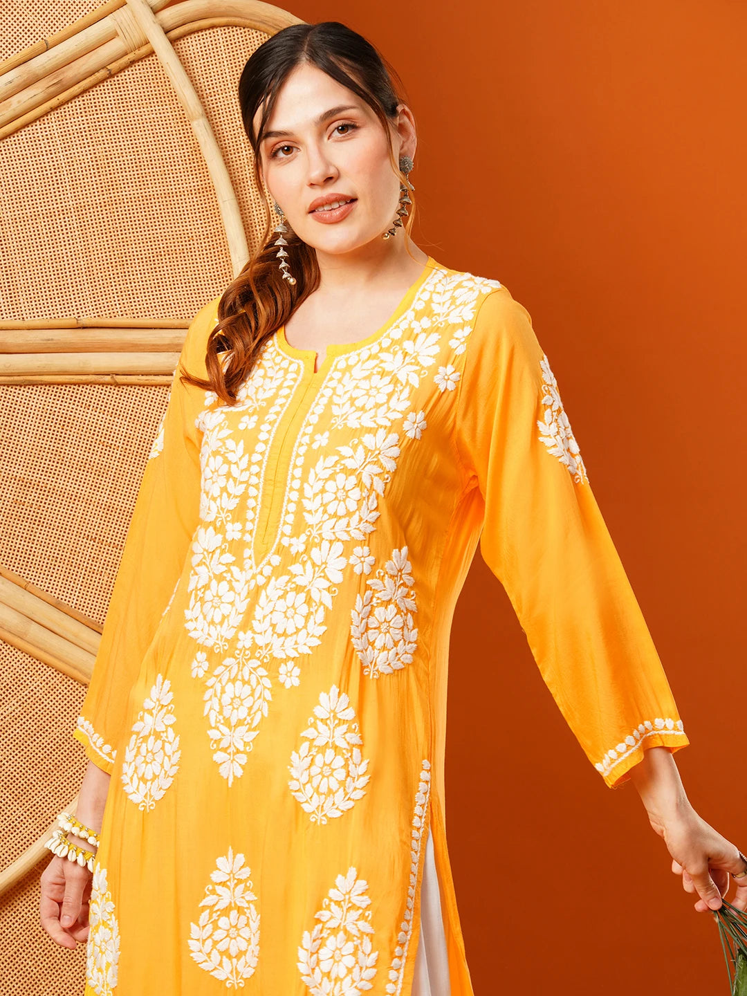 Ada Hand Embroidered Yellow Modal Lucknowi Chikankari Straight Kurta A411584