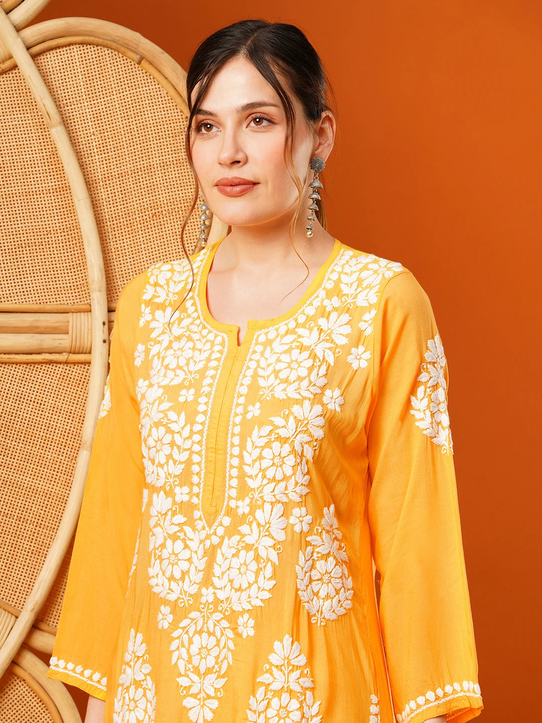 Ada Hand Embroidered Yellow Modal Lucknowi Chikankari Straight Kurta A411584