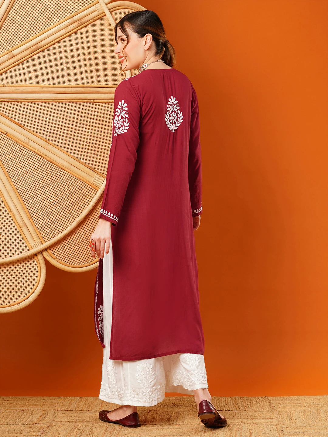 Ada Hand Embroidered Maroon Modal Lucknowi Chikankari Straight Kurta A411588