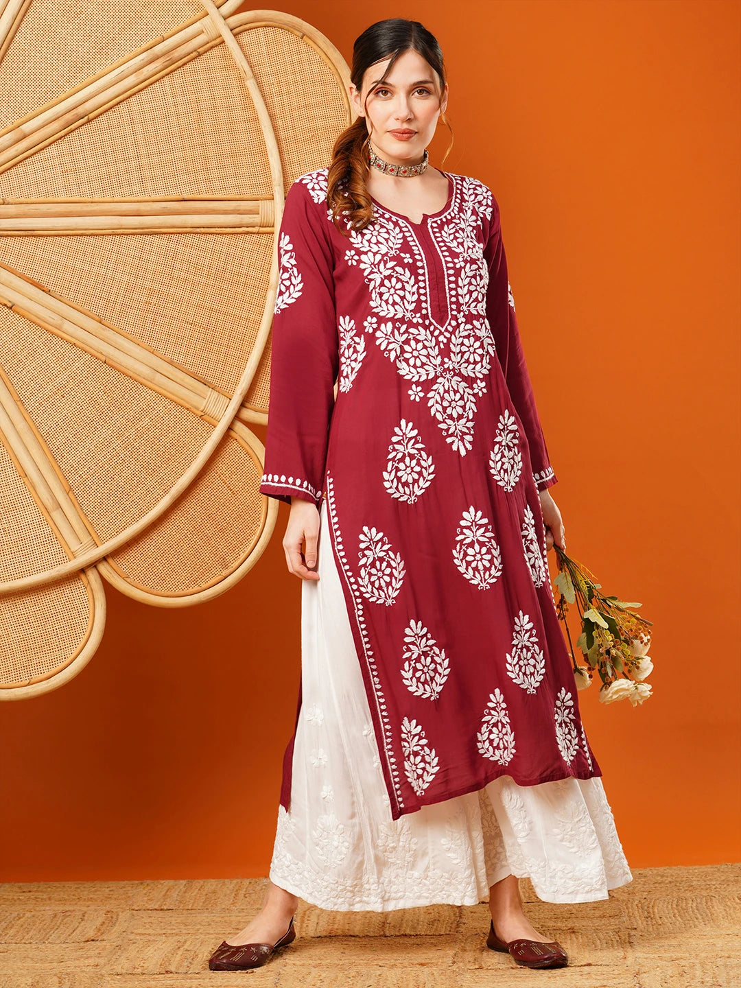Ada Hand Embroidered Maroon Modal Lucknowi Chikankari Straight Kurta A411588