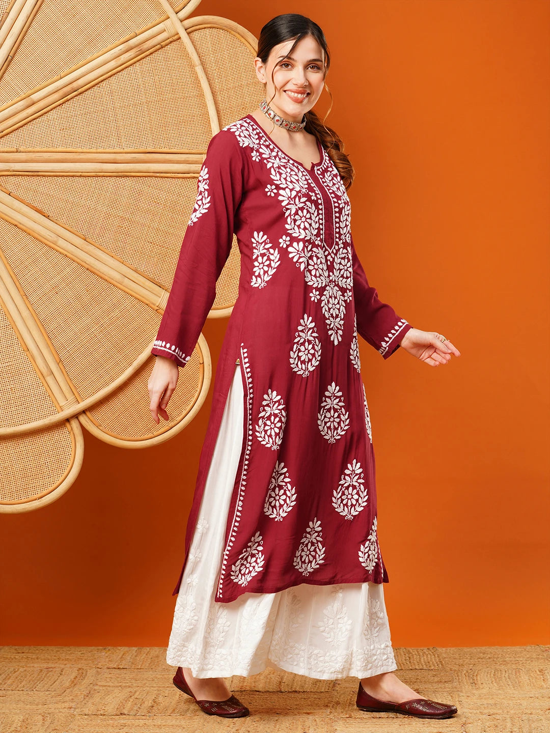 Ada Hand Embroidered Maroon Modal Lucknowi Chikankari Straight Kurta A411588