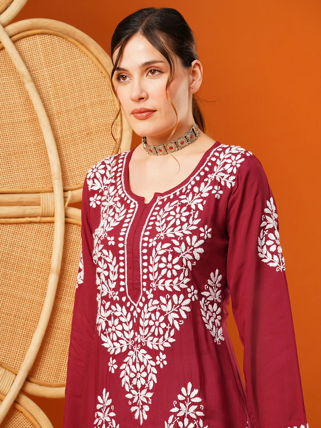 Ada Hand Embroidered Maroon Modal Lucknowi Chikankari Straight Kurta A411588