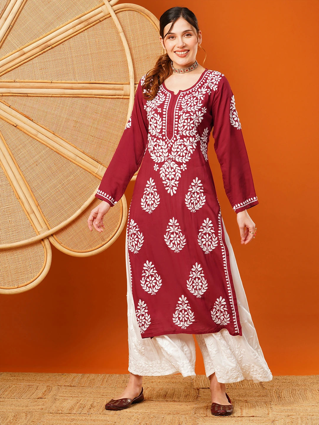 Ada Hand Embroidered Maroon Modal Lucknowi Chikankari Straight Kurta A411588