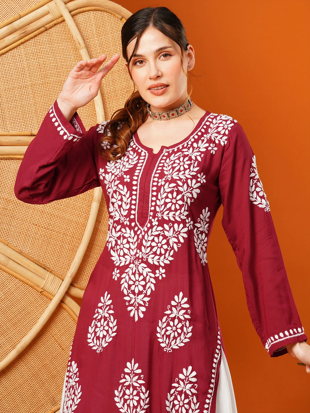 Ada Hand Embroidered Maroon Modal Lucknowi Chikankari Straight Kurta A411588