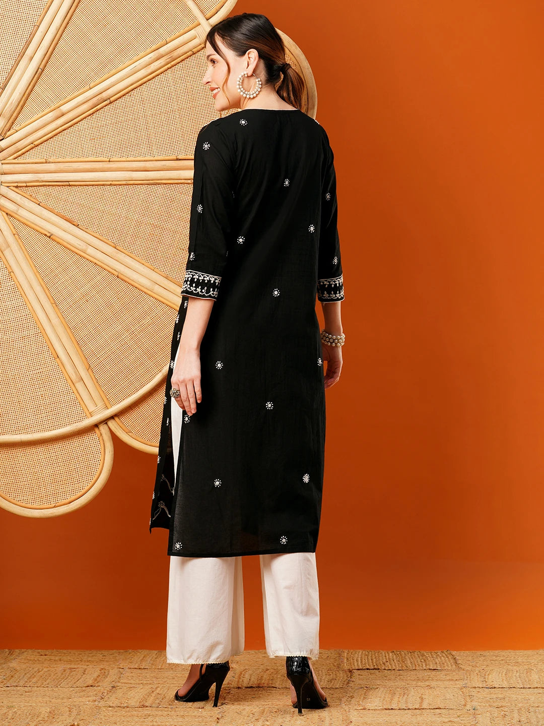 Ada Hand Embroidered Black Cotton Lucknowi Chikankari Straight Kurta A411481
