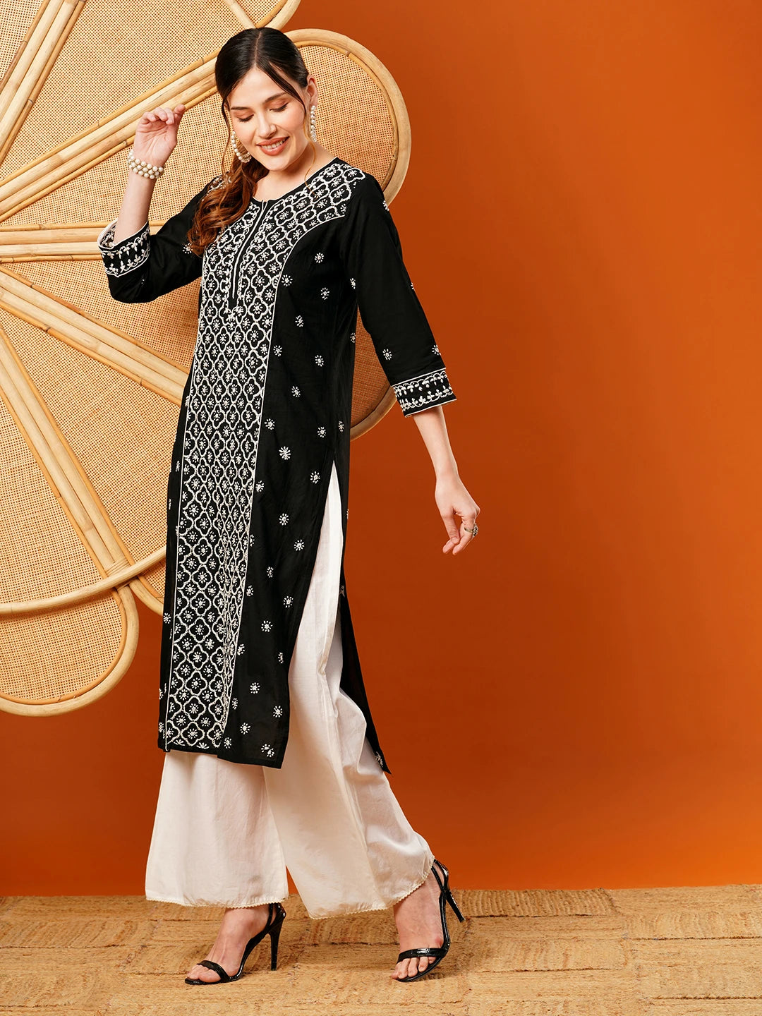 Ada Hand Embroidered Black Cotton Lucknowi Chikankari Straight Kurta A411481