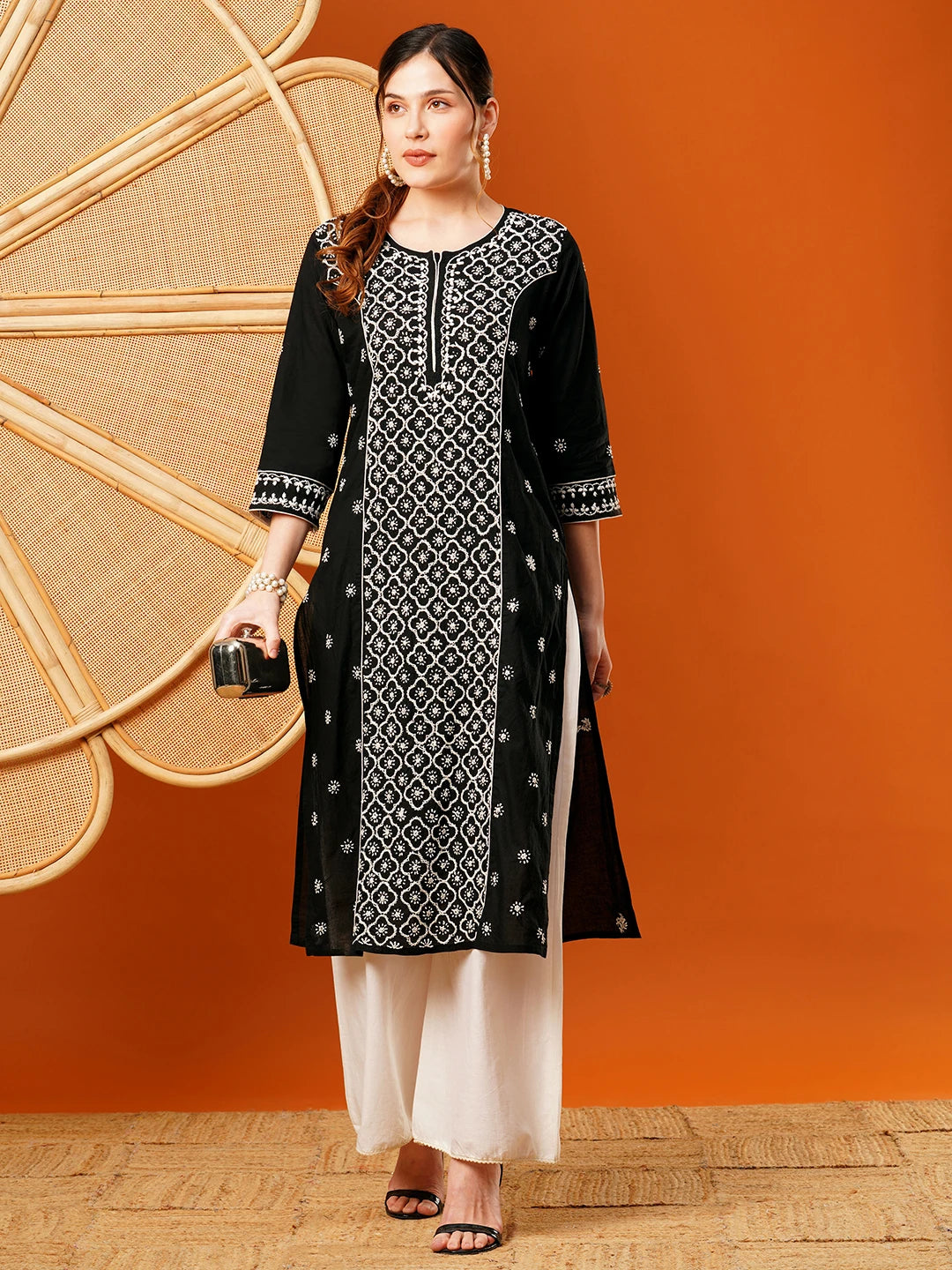 Ada Hand Embroidered Black Cotton Lucknowi Chikankari Straight Kurta A411481