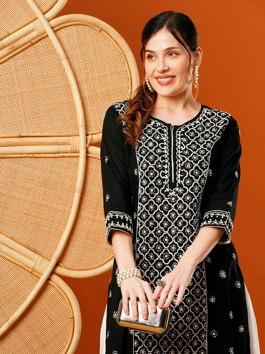 Ada Hand Embroidered Black Cotton Lucknowi Chikankari Straight Kurta A411481