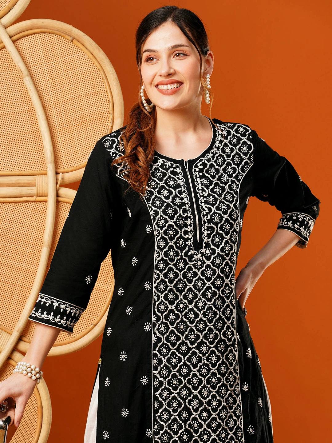 Ada Hand Embroidered Black Cotton Lucknowi Chikankari Straight Kurta A411481
