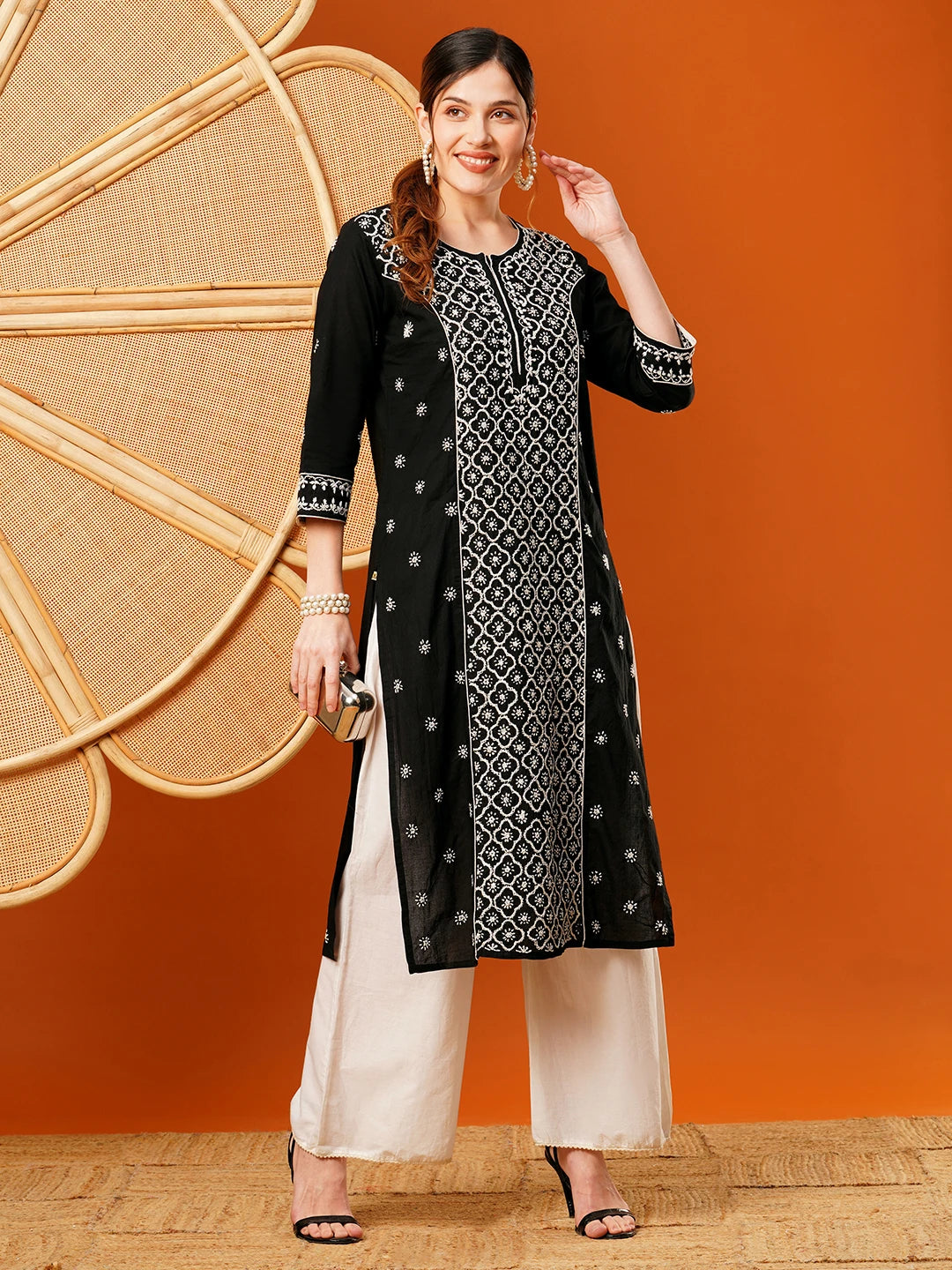 Ada Hand Embroidered Black Cotton Lucknowi Chikankari Straight Kurta A411481