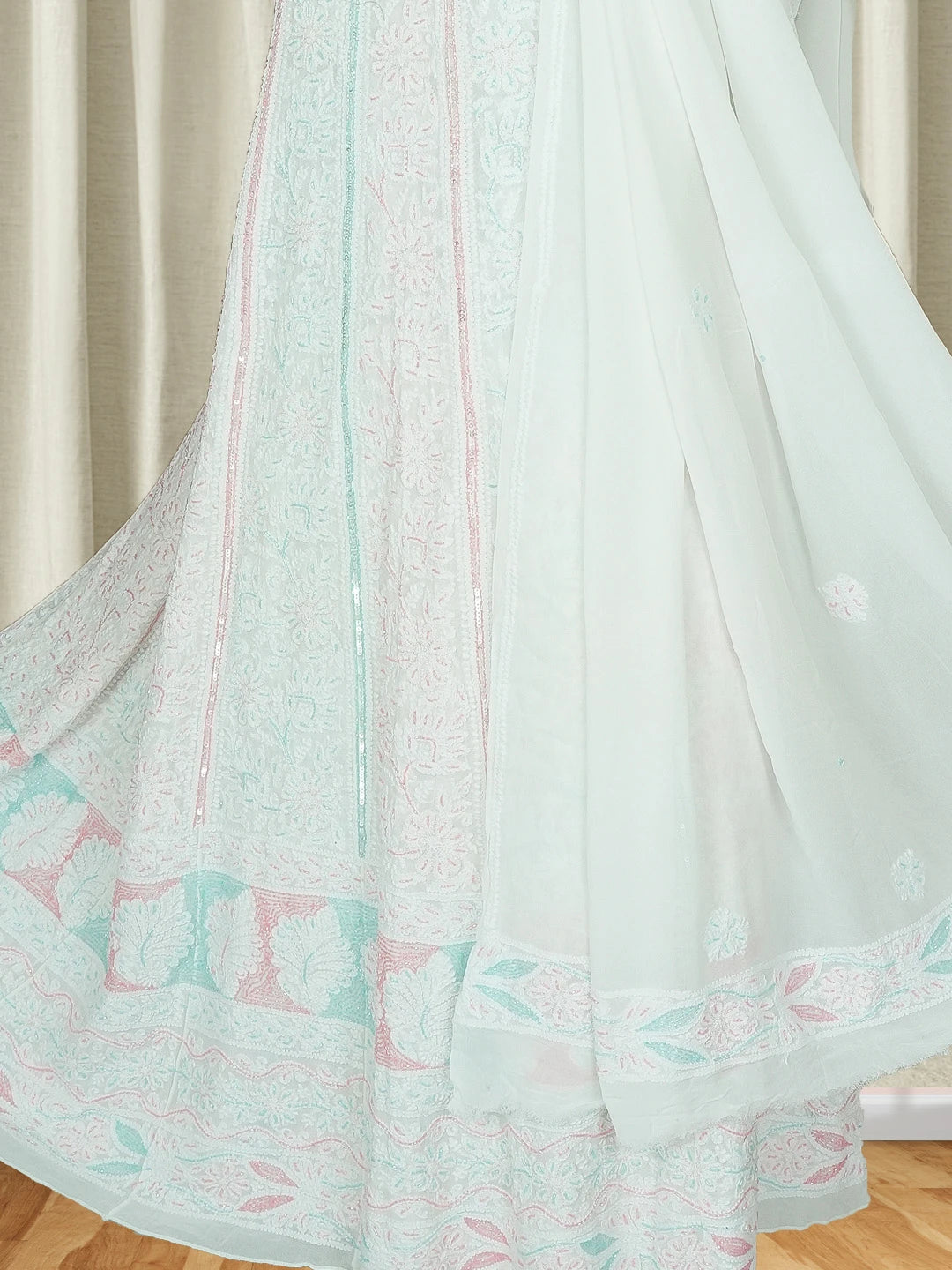 Ada Hand Embroidered White Viscose Georgette Lucknowi Chikankari Semi-Stitched Anarkali Kurta Dupatta Set With Sequinned Work 01A582237