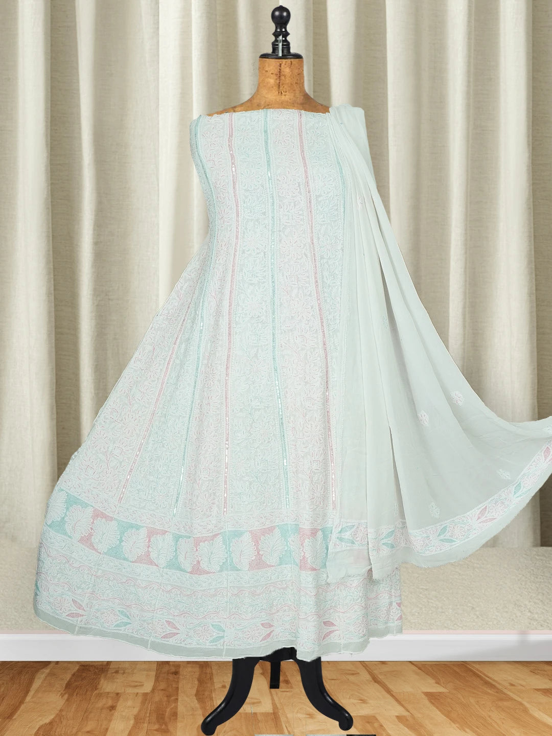 Ada Hand Embroidered White Viscose Georgette Lucknowi Chikankari Semi-Stitched Anarkali Kurta Dupatta Set With Sequinned Work 01A582237