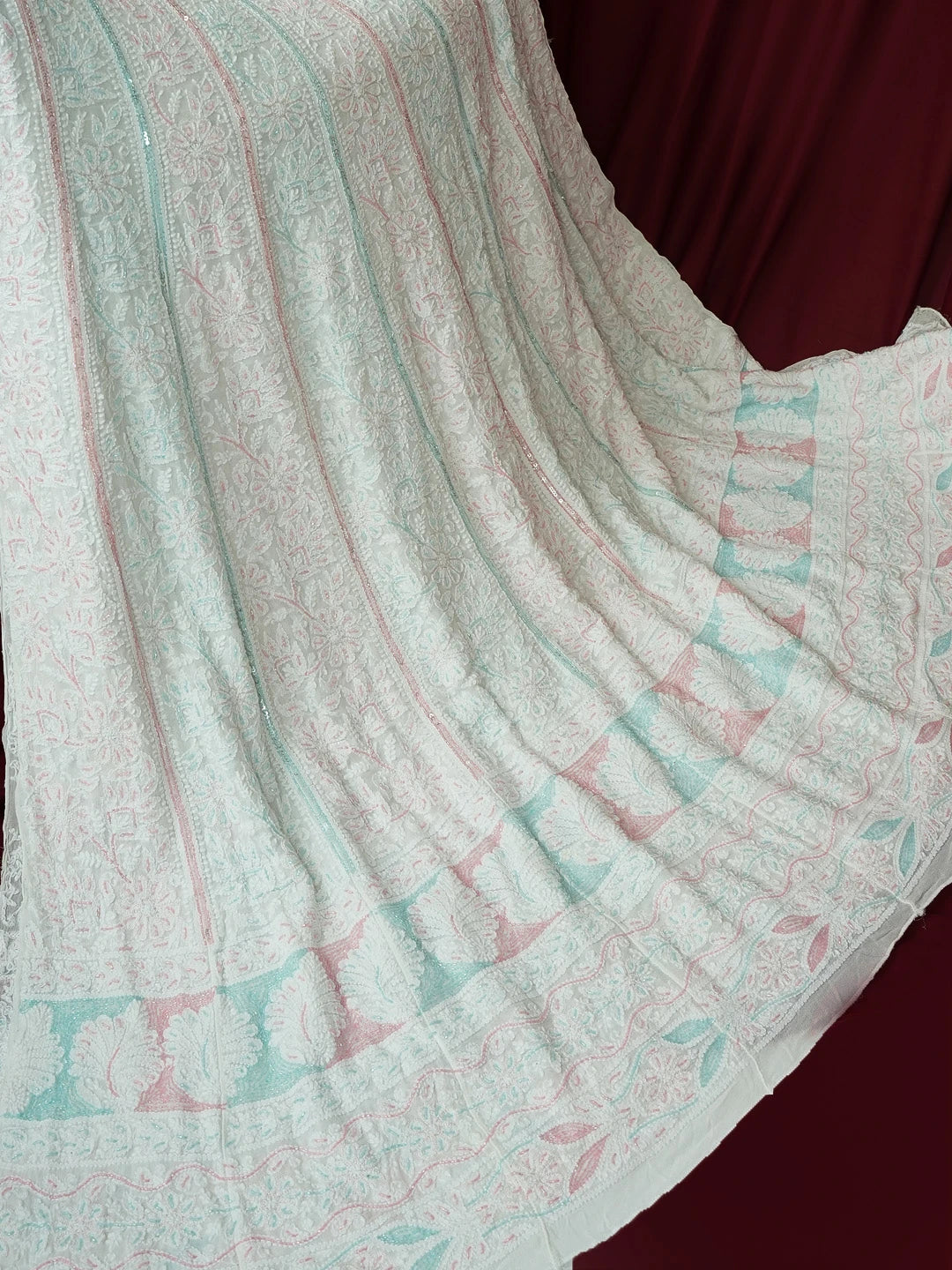 Ada Hand Embroidered White Viscose Georgette Lucknowi Chikankari Semi-Stitched Anarkali Kurta Dupatta Set With Sequinned Work 01A582237