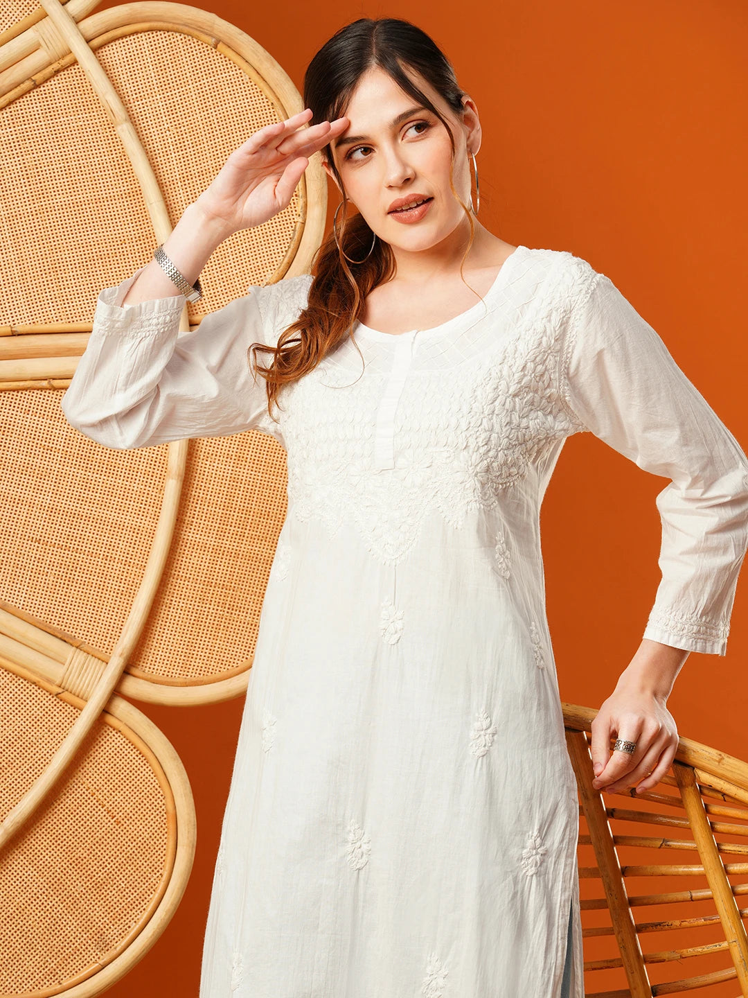 Ada Hand Embroidered White Cotton Lucknowi Chikankari Straight Kurta A100376