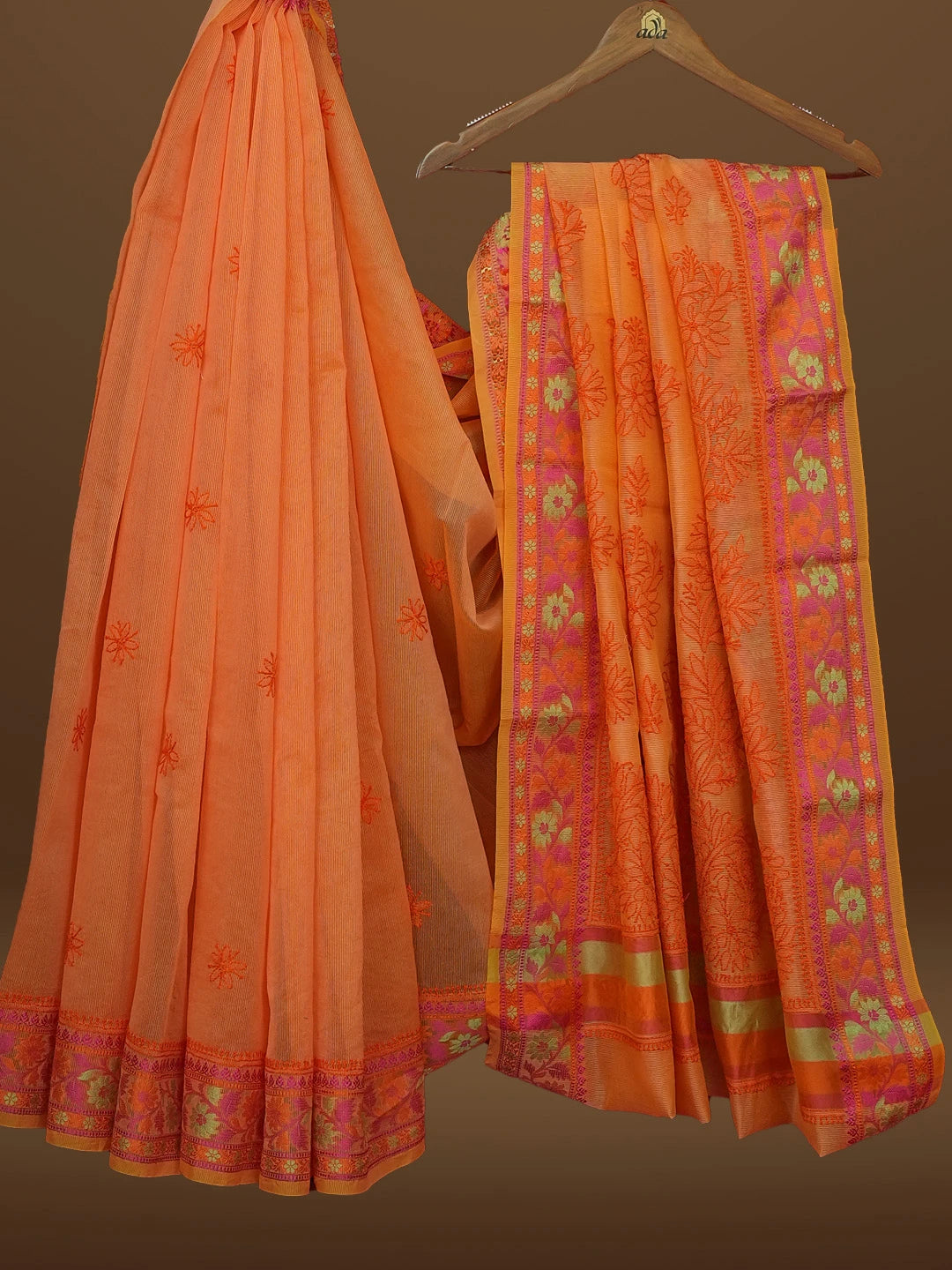 Ada Hand Embroidered Orange Chanderi Lucknowi Chikankari Saree With Blouse 01A582181