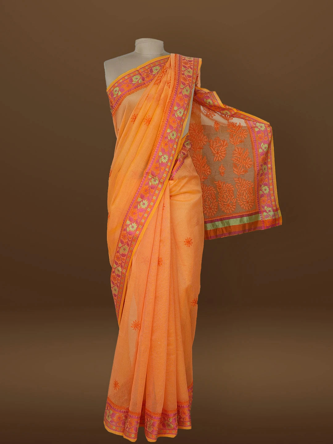 Ada Hand Embroidered Orange Chanderi Lucknowi Chikankari Saree With Blouse 01A582181