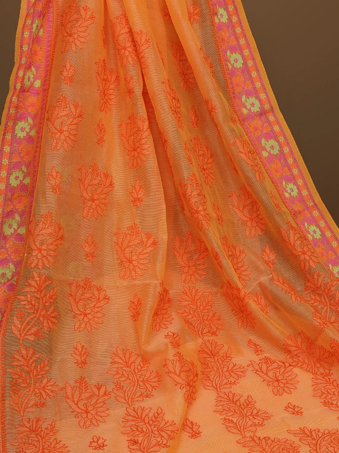 Ada Hand Embroidered Orange Chanderi Lucknowi Chikankari Saree With Blouse 01A582181